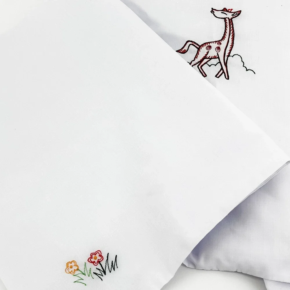 Vintage Embroidered Elephant Giraffe Toddler Bed Sheet & Pillowcase Set Handmade